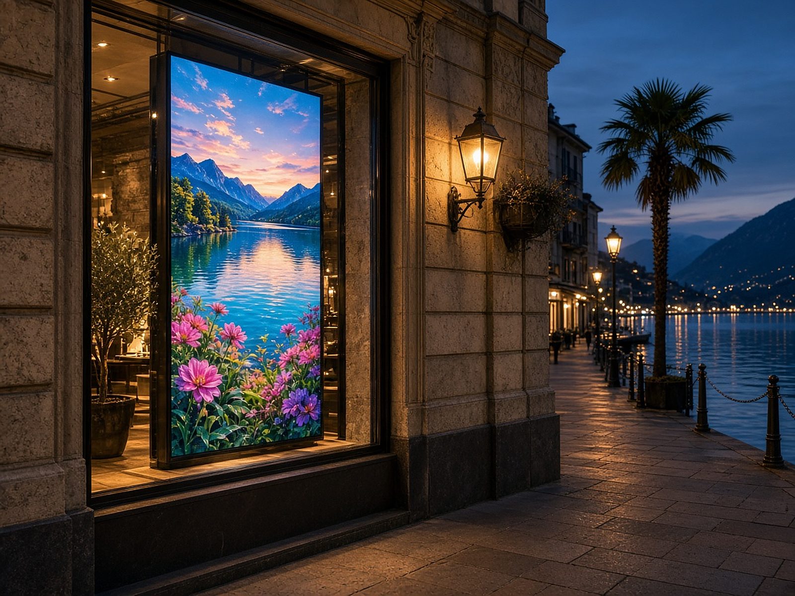 Illustration: vertical LED screen in a lakeside shop window