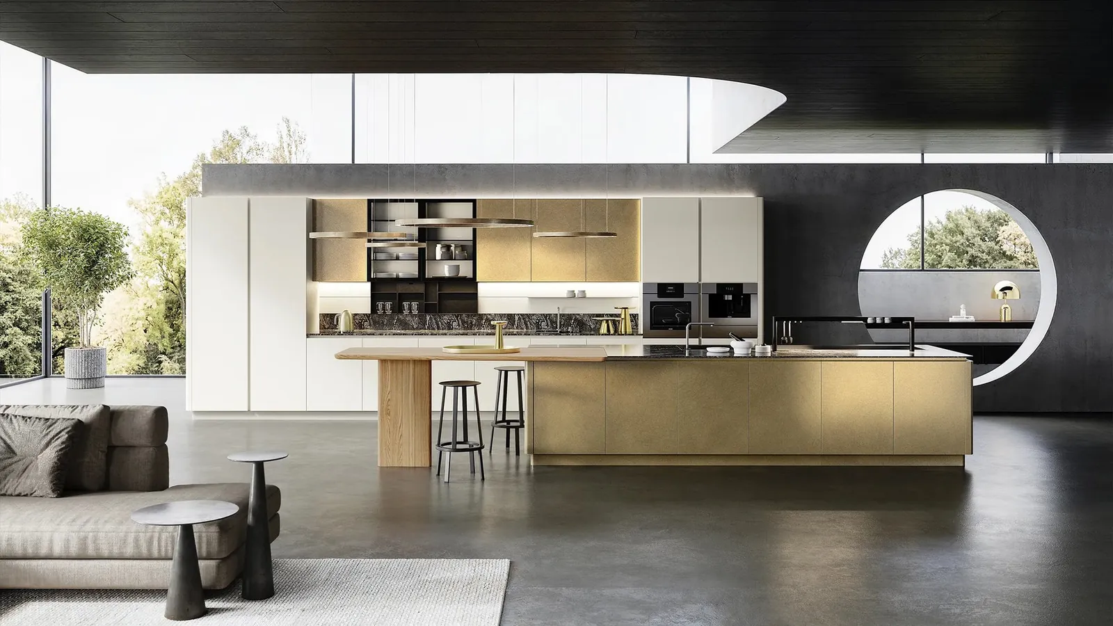 Küche Yota, Insel und rundes Fenster · © Armony Cucine