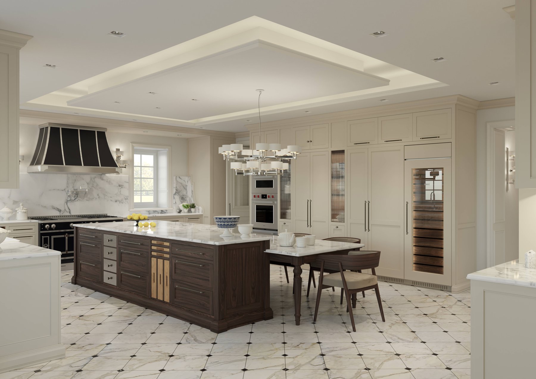 Classic white kitchen, walnut island · © Martini Interiors