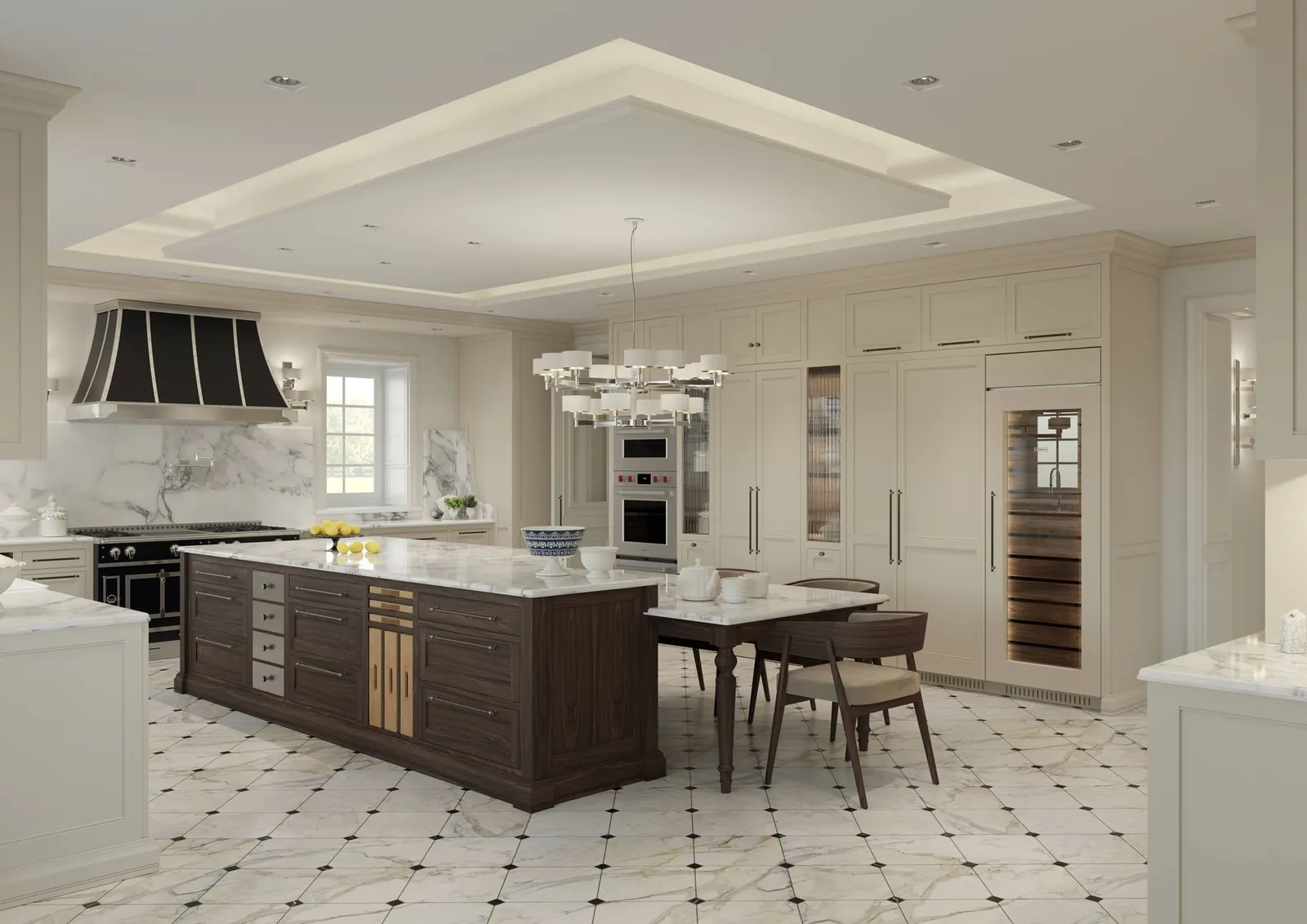 Klassische weisse Küche, Insel aus Nussbaum · © Martini Interiors