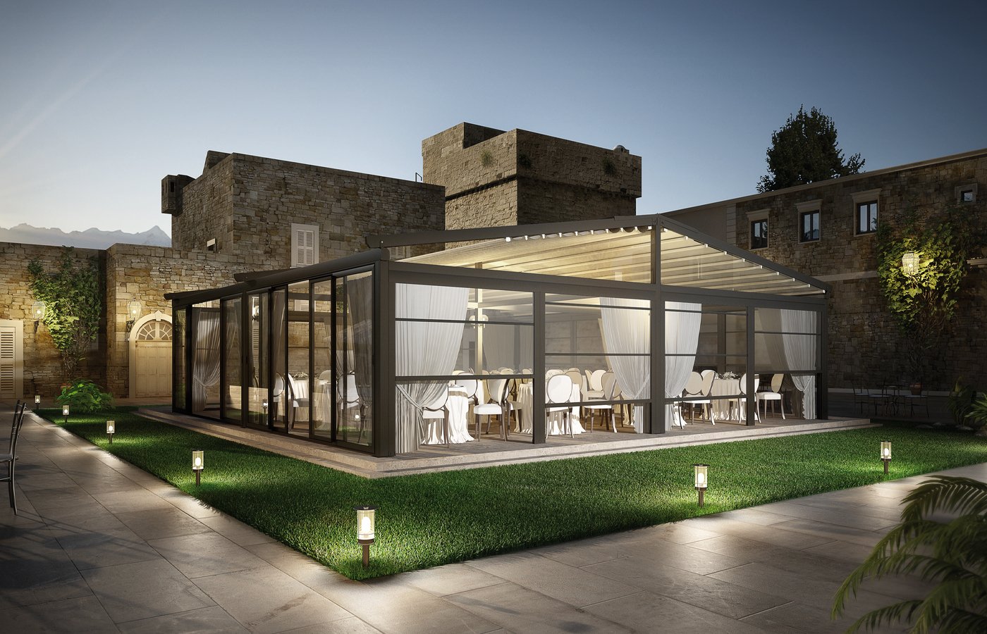 Pergola Atrium, nachts beleuchtet · © Dirello