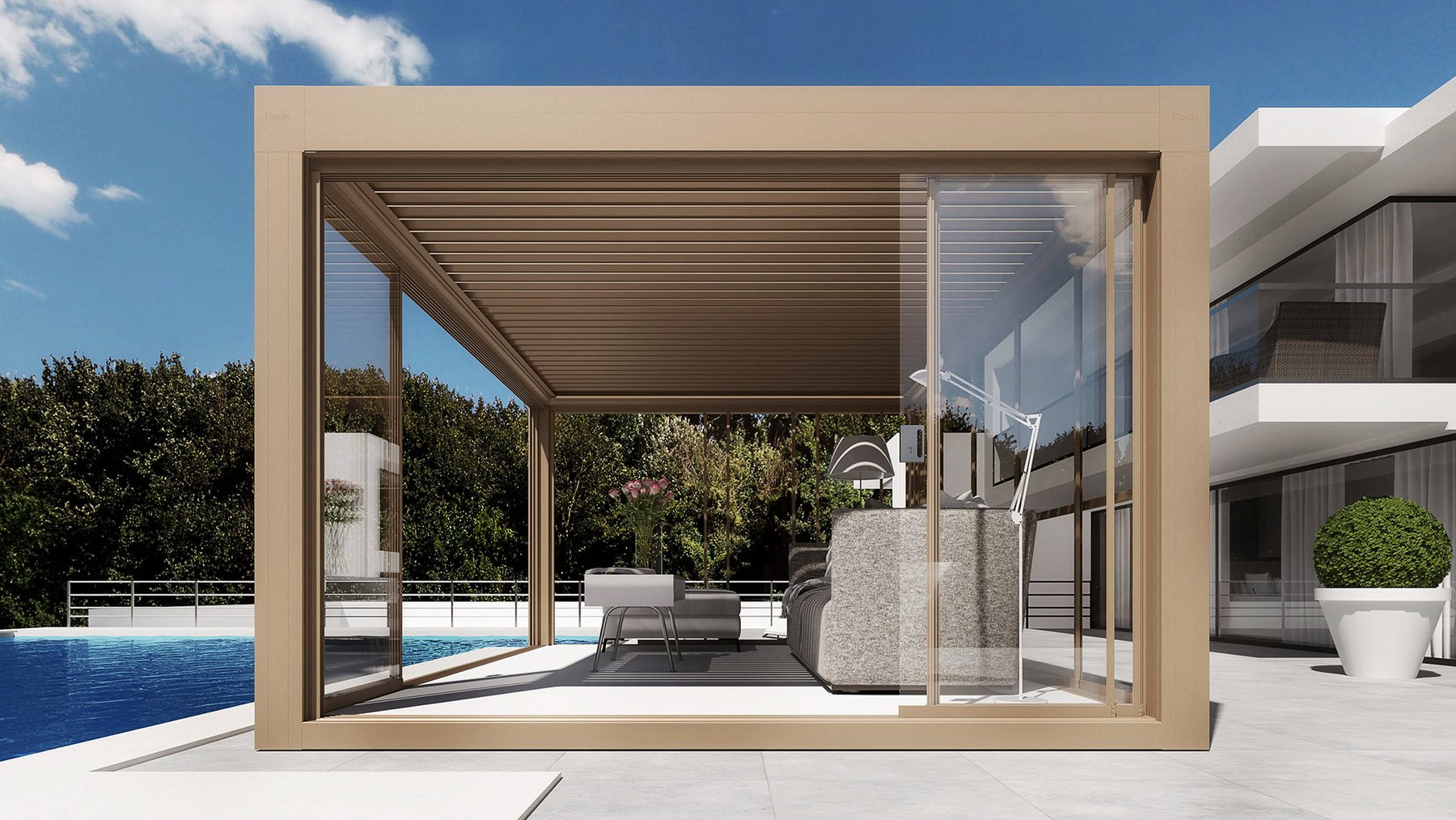 Bioklimatische Pergola Dirello Diesis mit drehbaren Lamellen am Pool