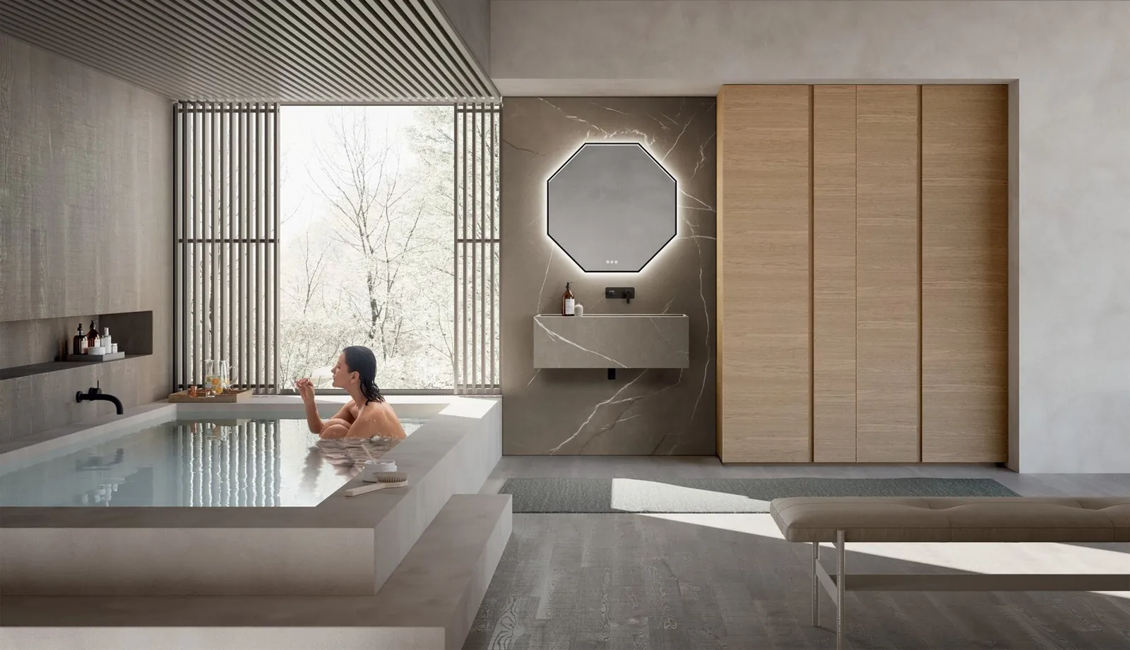 Wooden bathroom, built-in bath · © Baxar