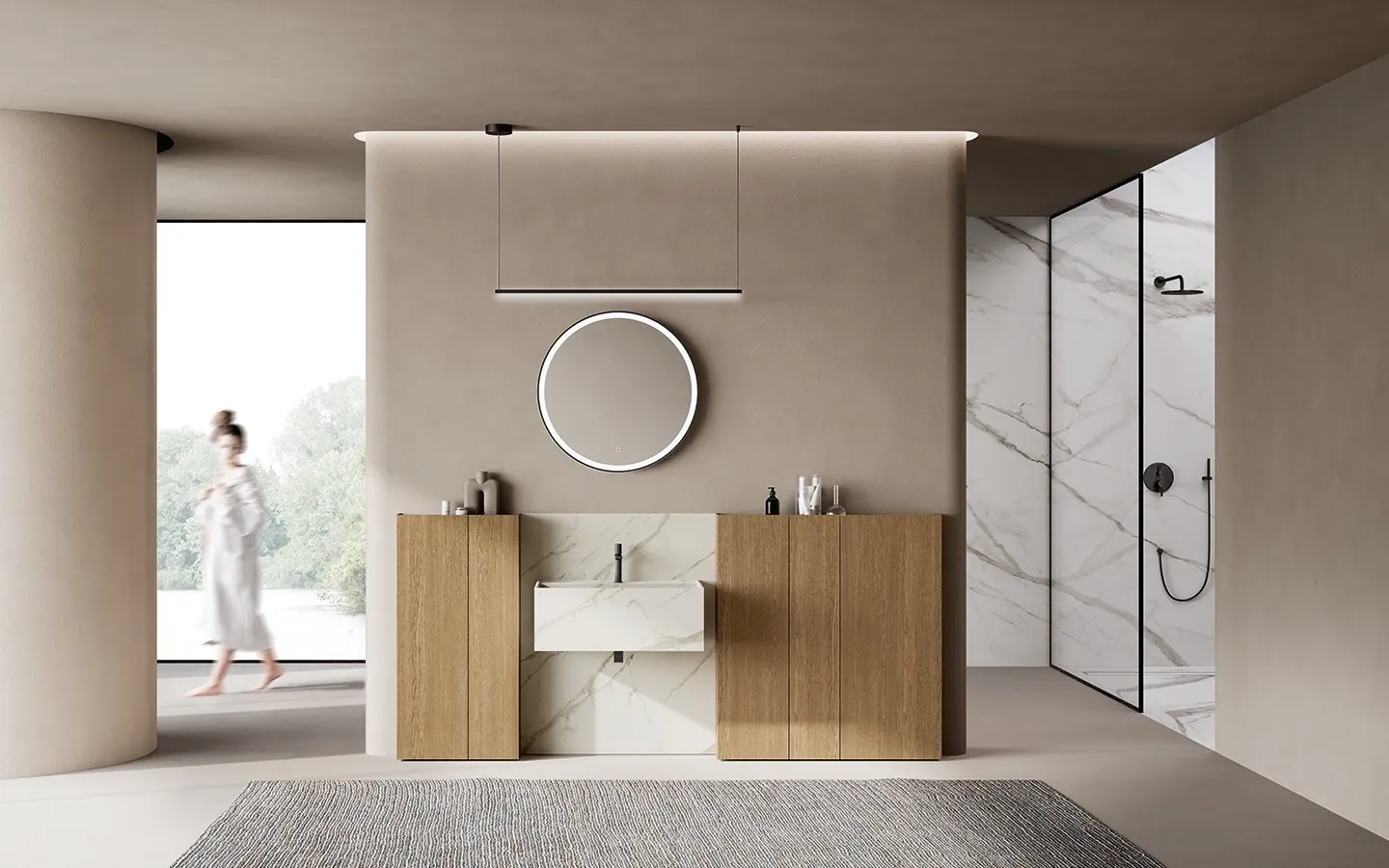 Wooden unit, round mirror and shower · © Baxar