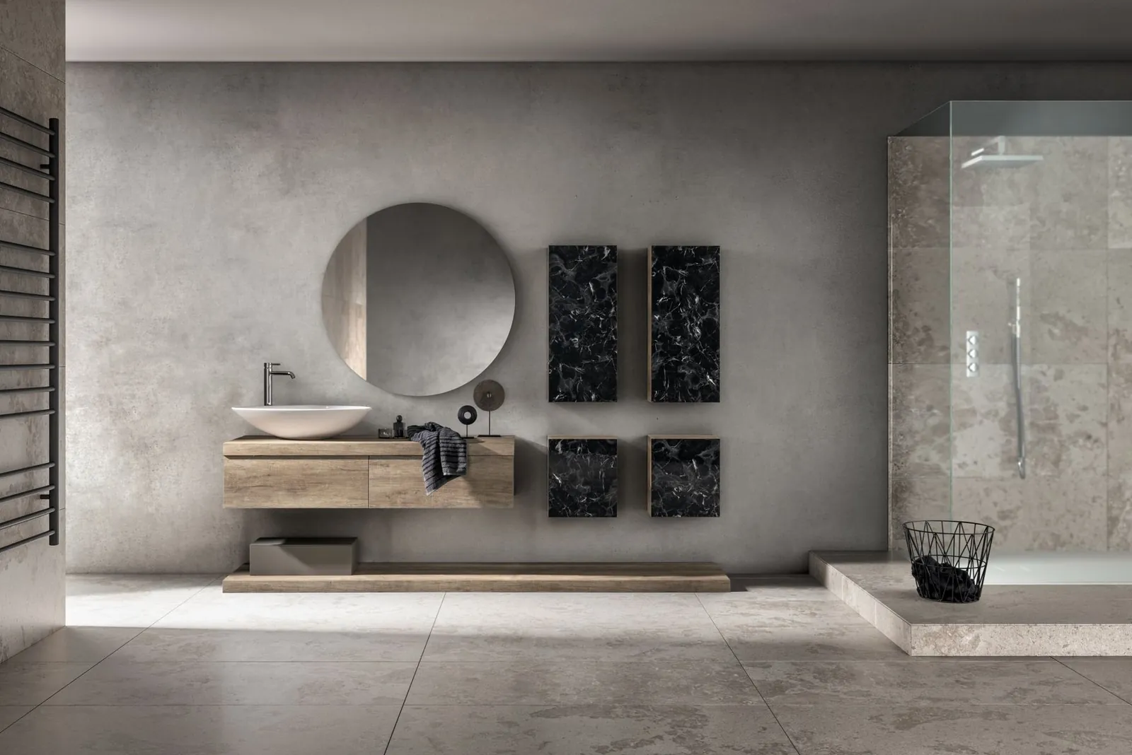 Round mirror, shelves and shower · © Synergie Bagni
