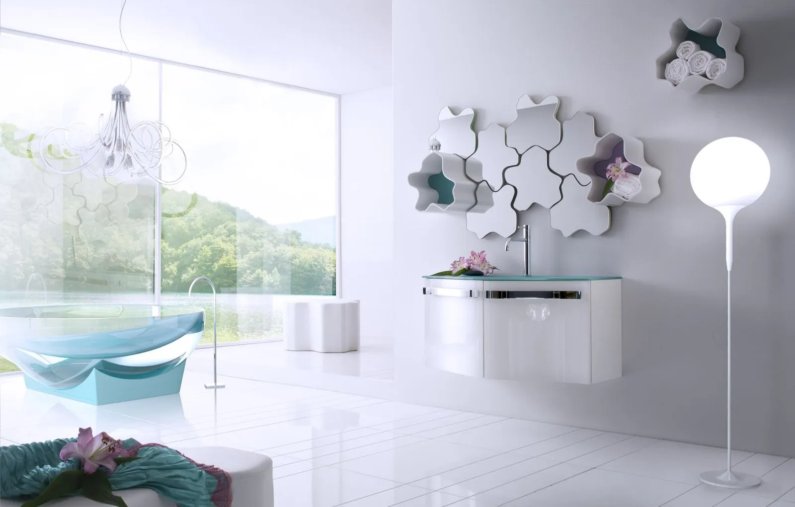 White unit and round mirror · © Synergie Bagni