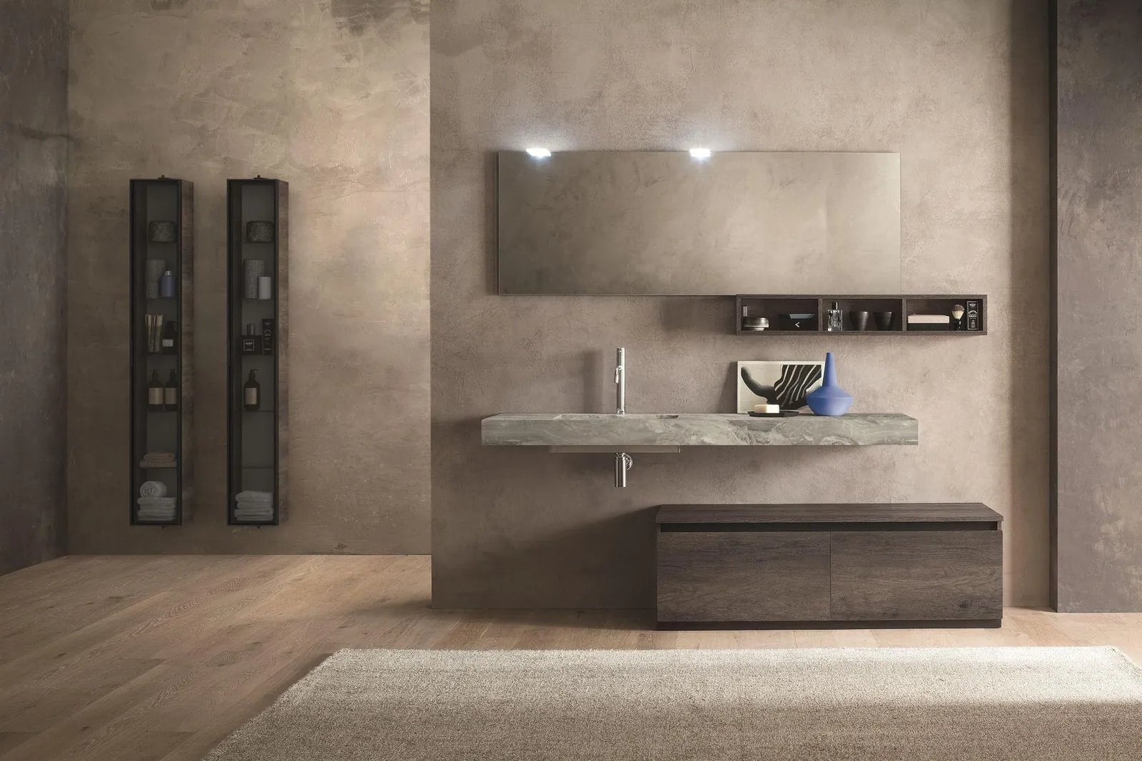 Wall-hung top and tall units, taupe tones · © Synergie Bagni