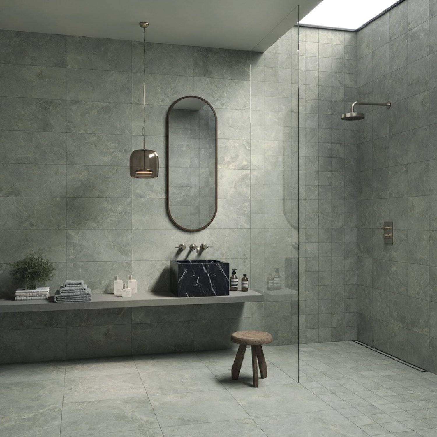 Doccia e pavimento Glam Stone Oxid · © IMSO Ceramiche