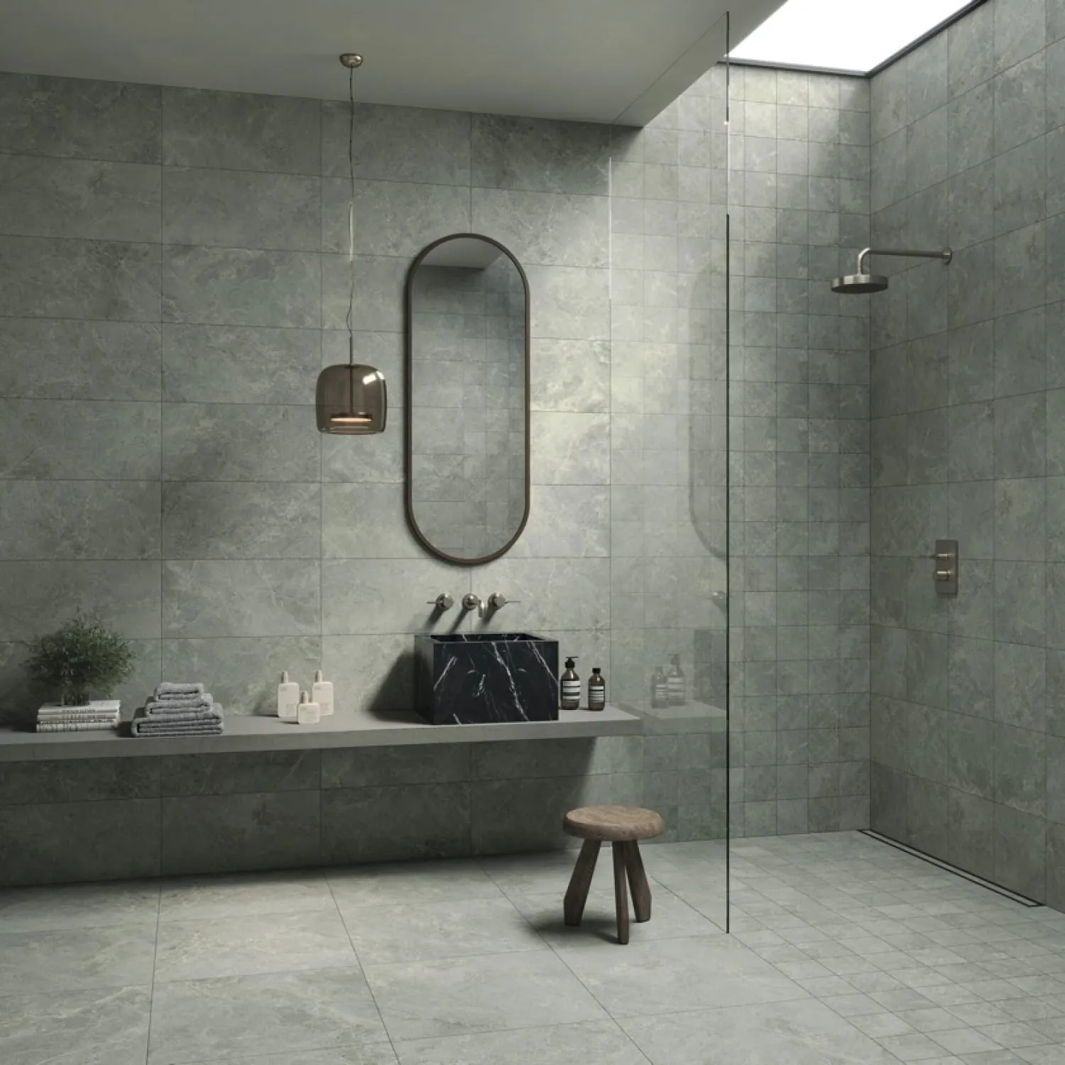 Doccia e pavimento Glam Stone Oxid · © IMSO Ceramiche