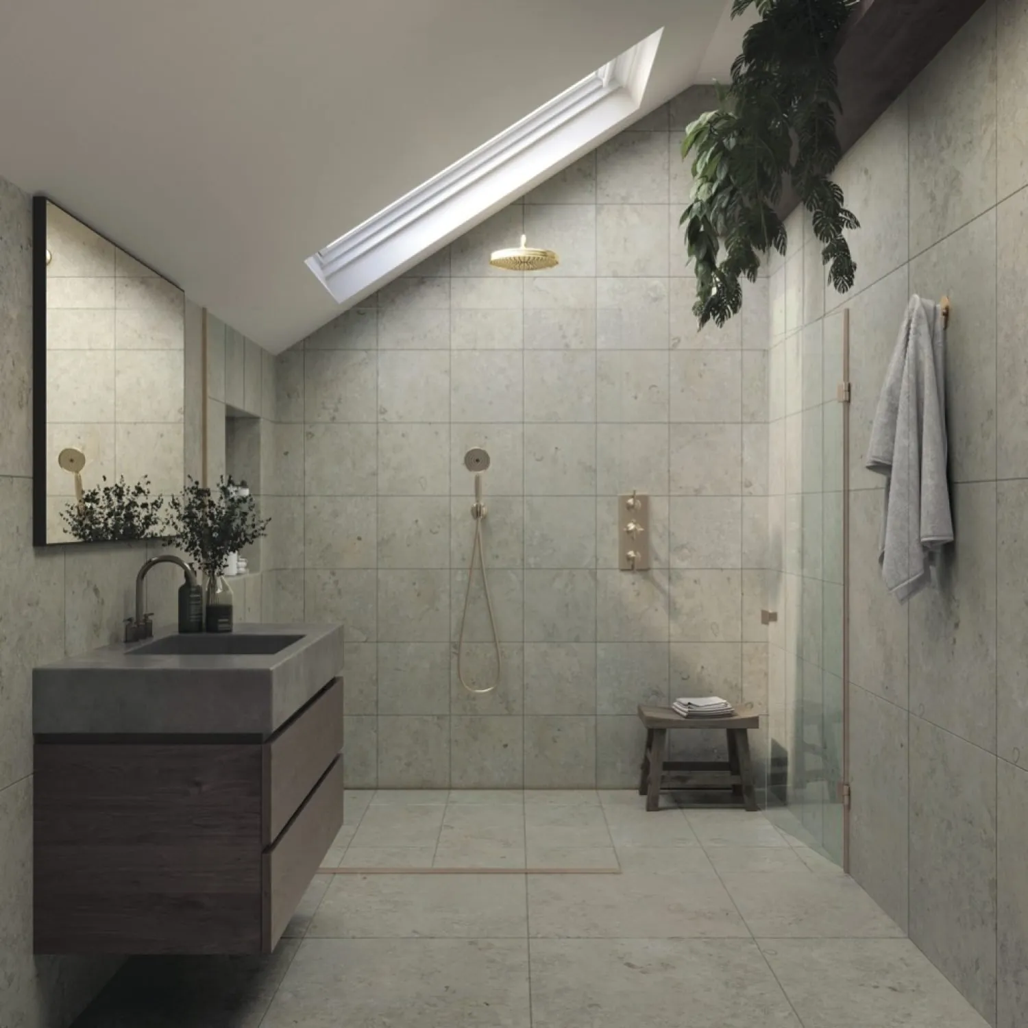 Gres Jura Beige sotto una vetrata · © IMSO Ceramiche