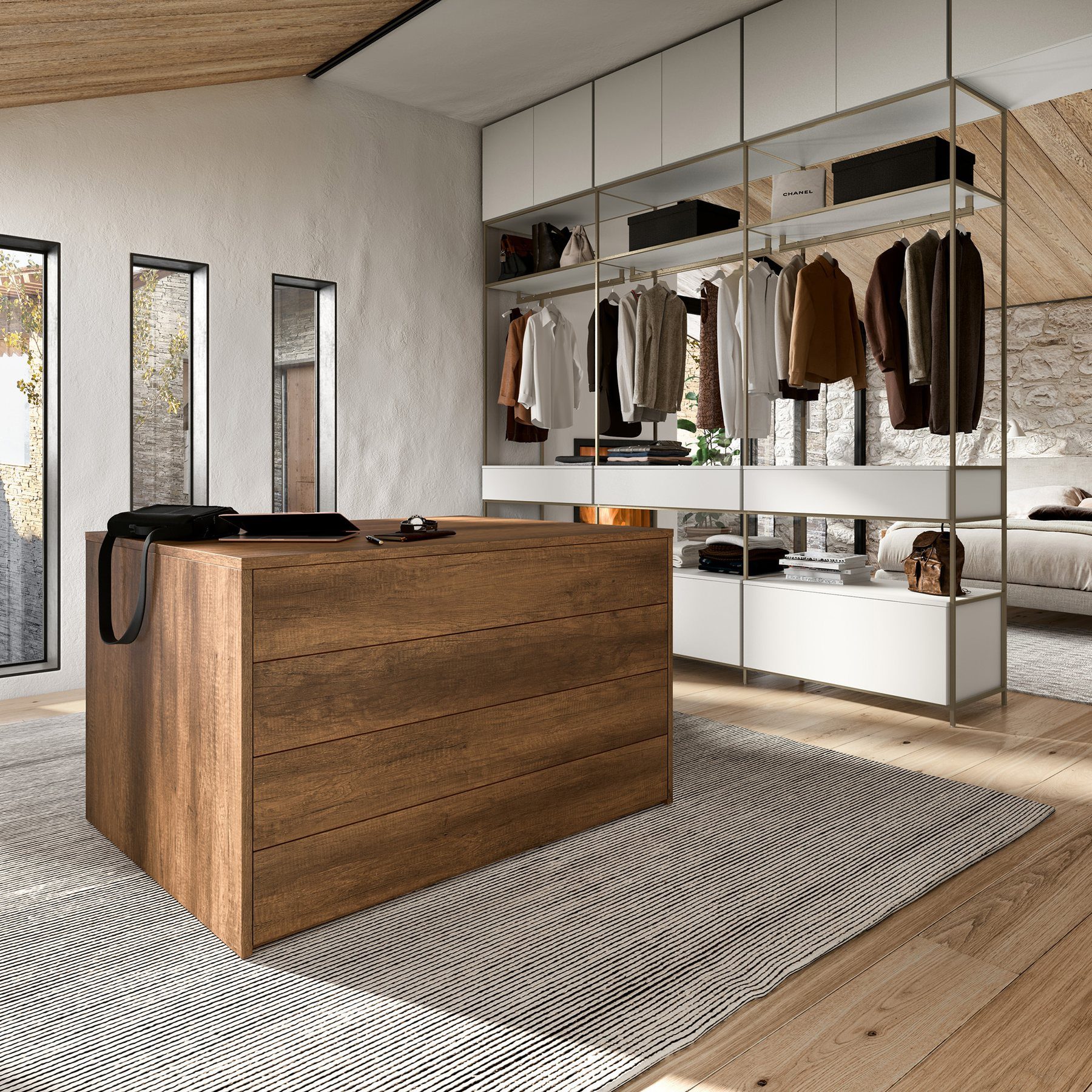 Walk-in wardrobe with wooden island · © Mobilstella