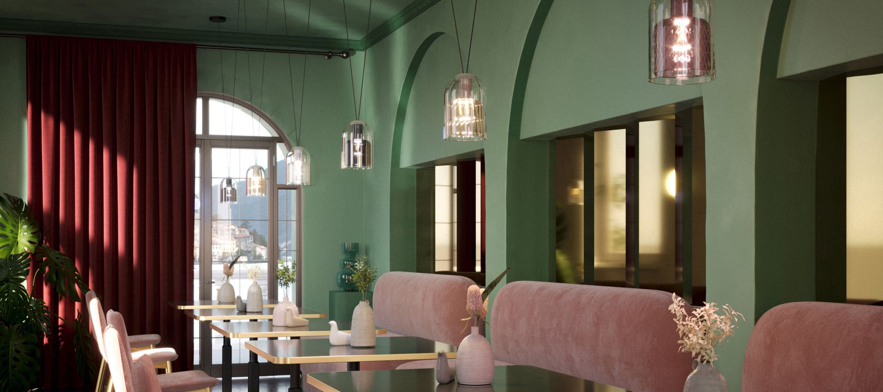 XY&Z smoked glass pendant lights in a restaurant · © Fabbian
