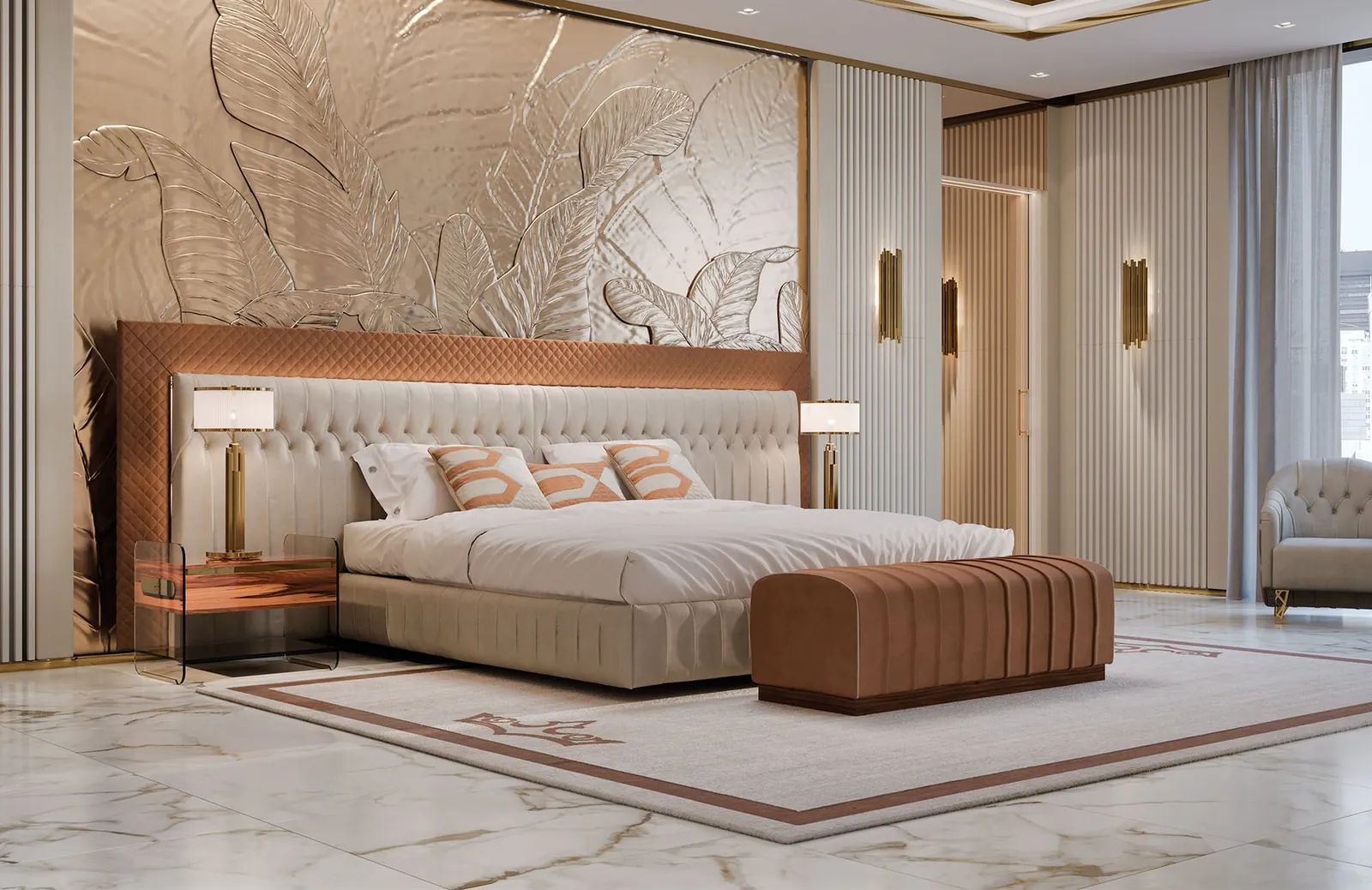 Schlafzimmer mit gepolstertem Kopfteil · © Formenti Divani