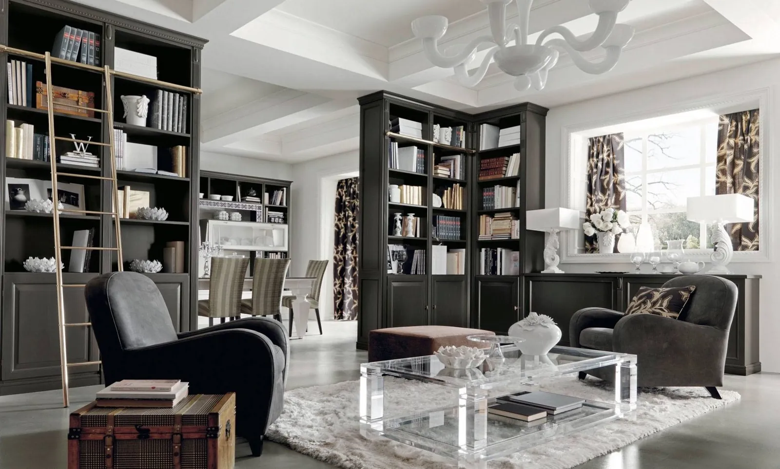Bibliothek und Wohnzimmer