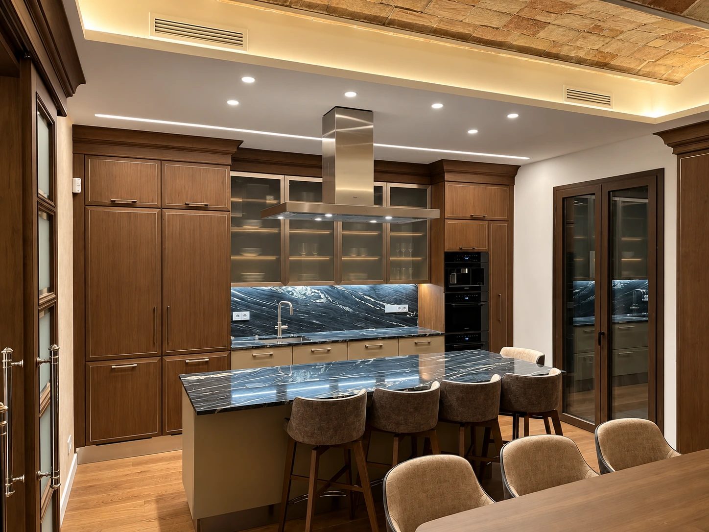 Kitchen in walnut under vaulted bricks · Project and image © Martini Interiors