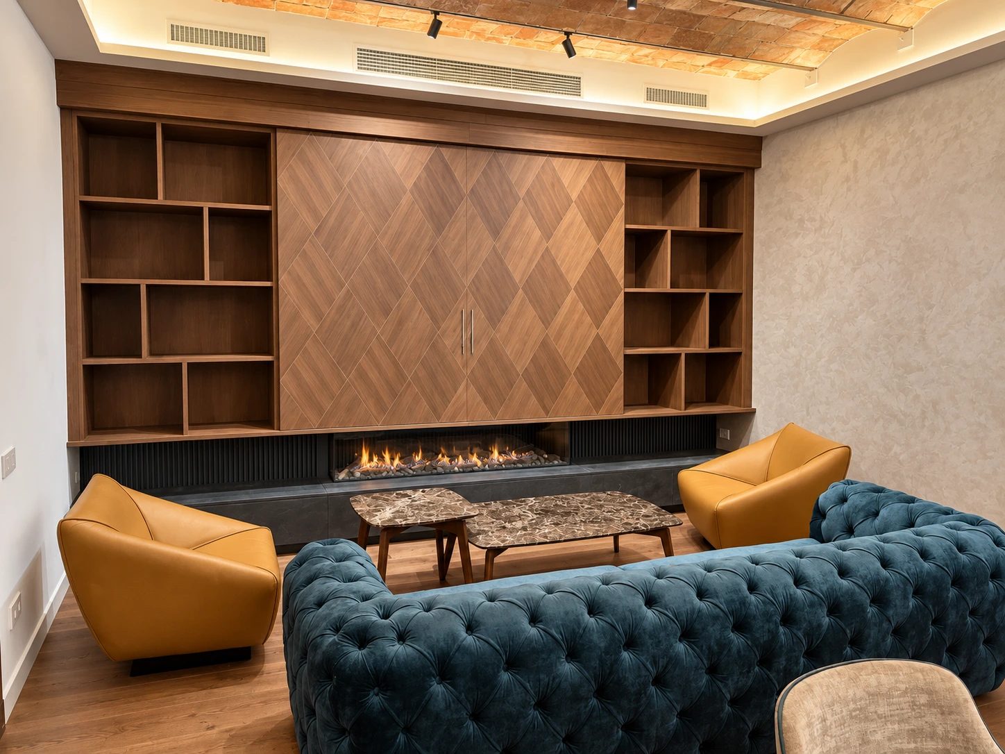 Contemporary living room, equipped wall and fireplace · Project and image © Martini Interiors