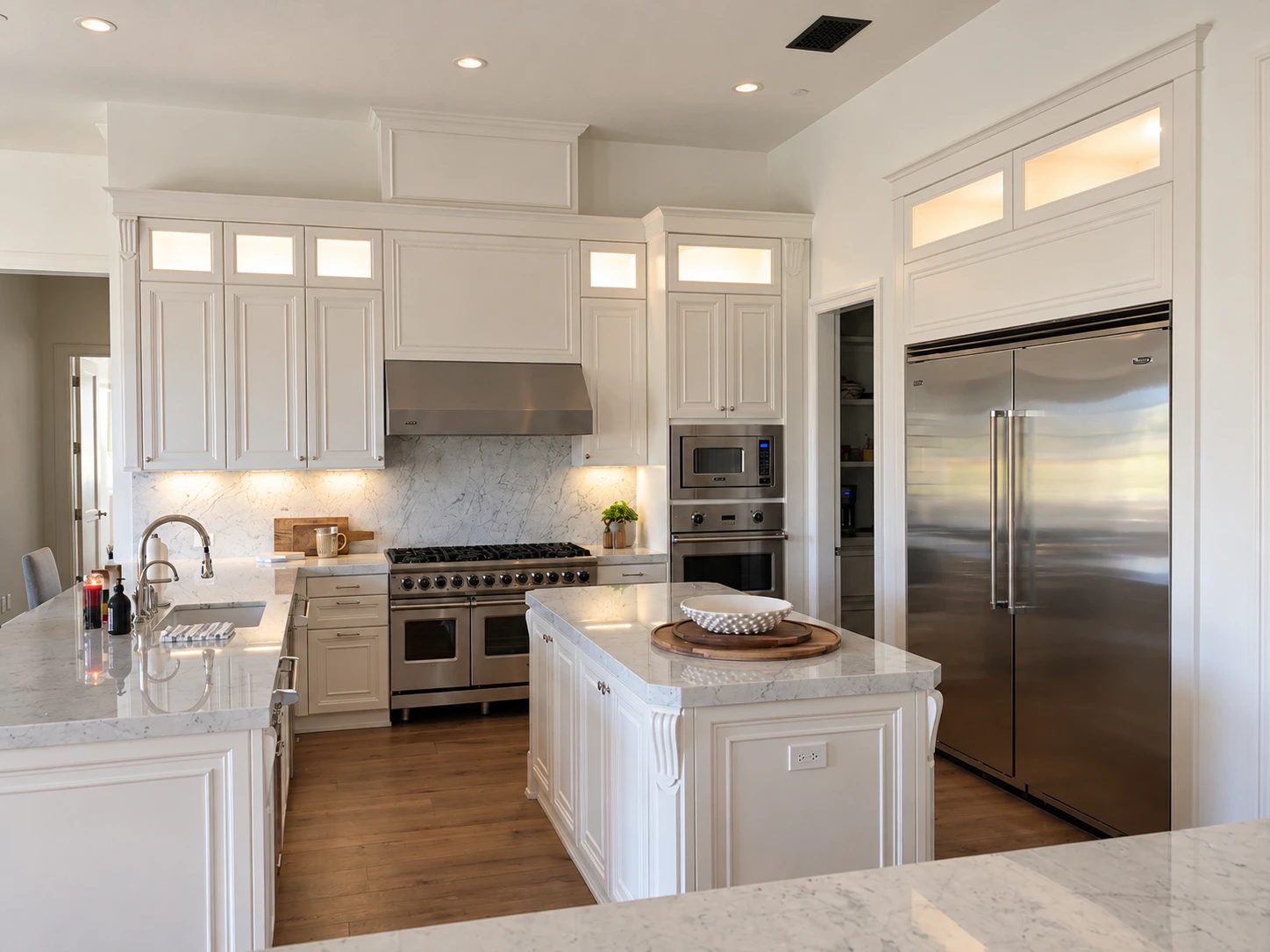 White kitchen, island and tall units · Project and image © Martini Interiors