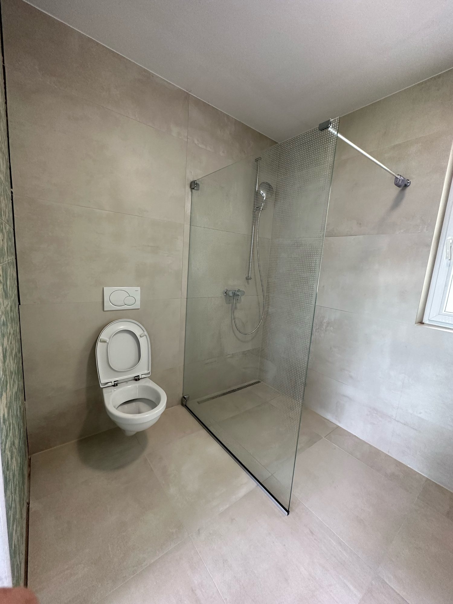 Walk-in shower with glass screen and wall-hung toilet
