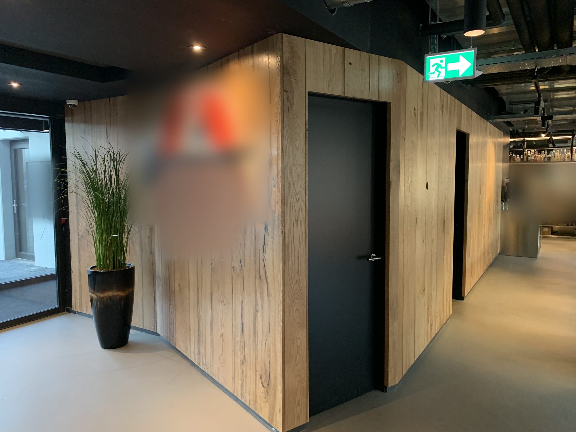 Wood-clad wall with a built-in black door