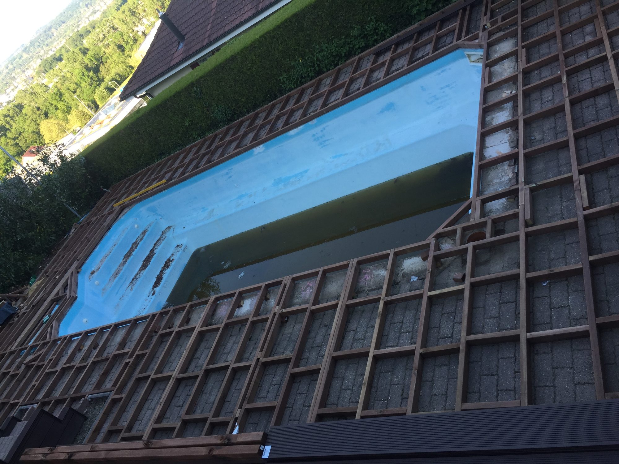 Pool deck substructure being installed