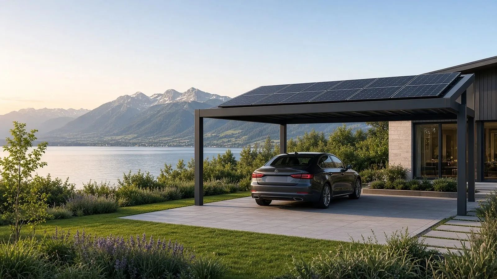 Illustration: Solar-Carport vor einem Haus am Seeufer