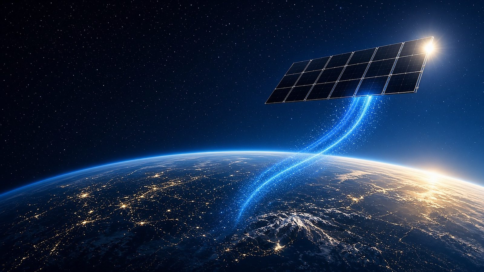 Illustration: solar panel in orbit transmitting energy from the sun to the Earth