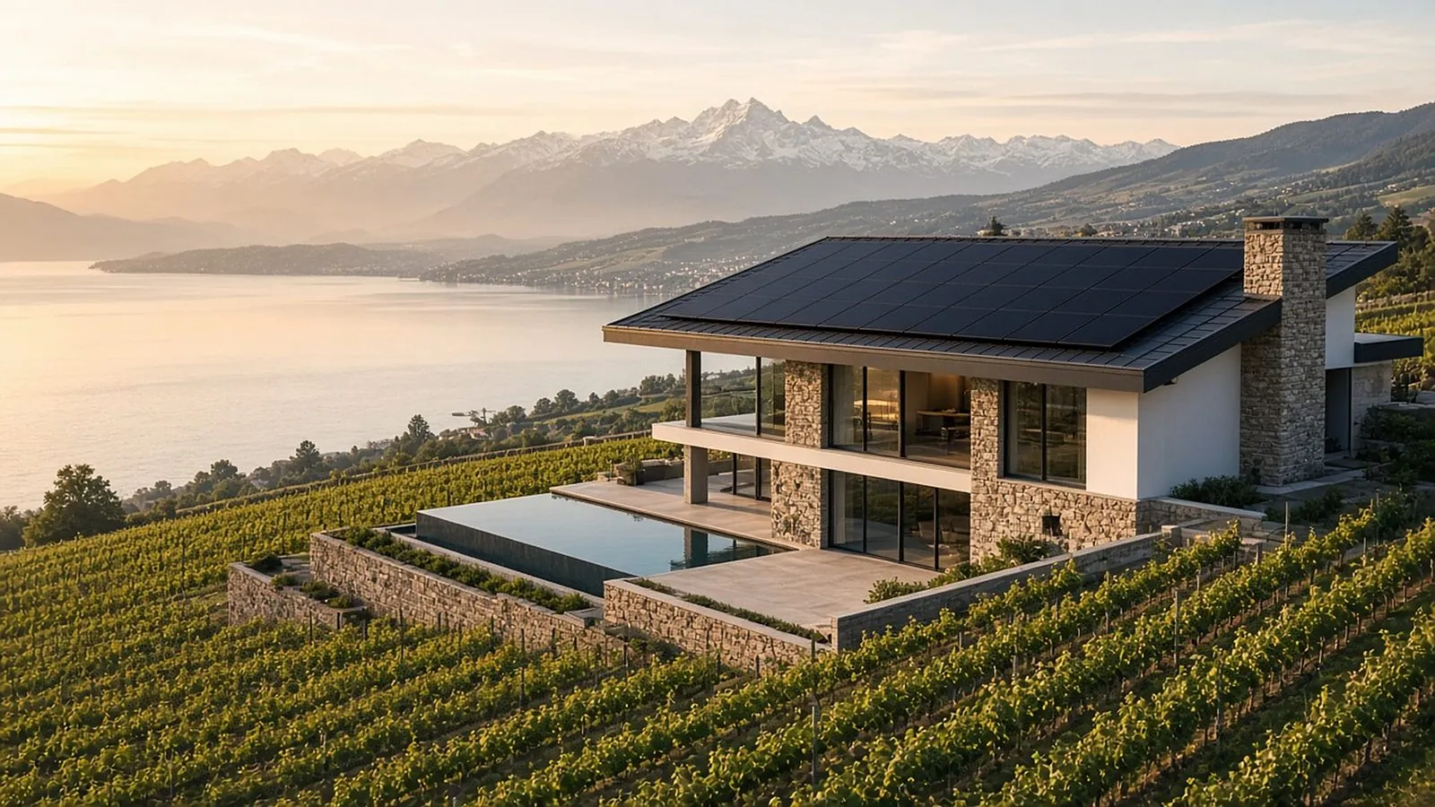 Illustration: Villa über dem Genfersee mit Full-black-Solardach