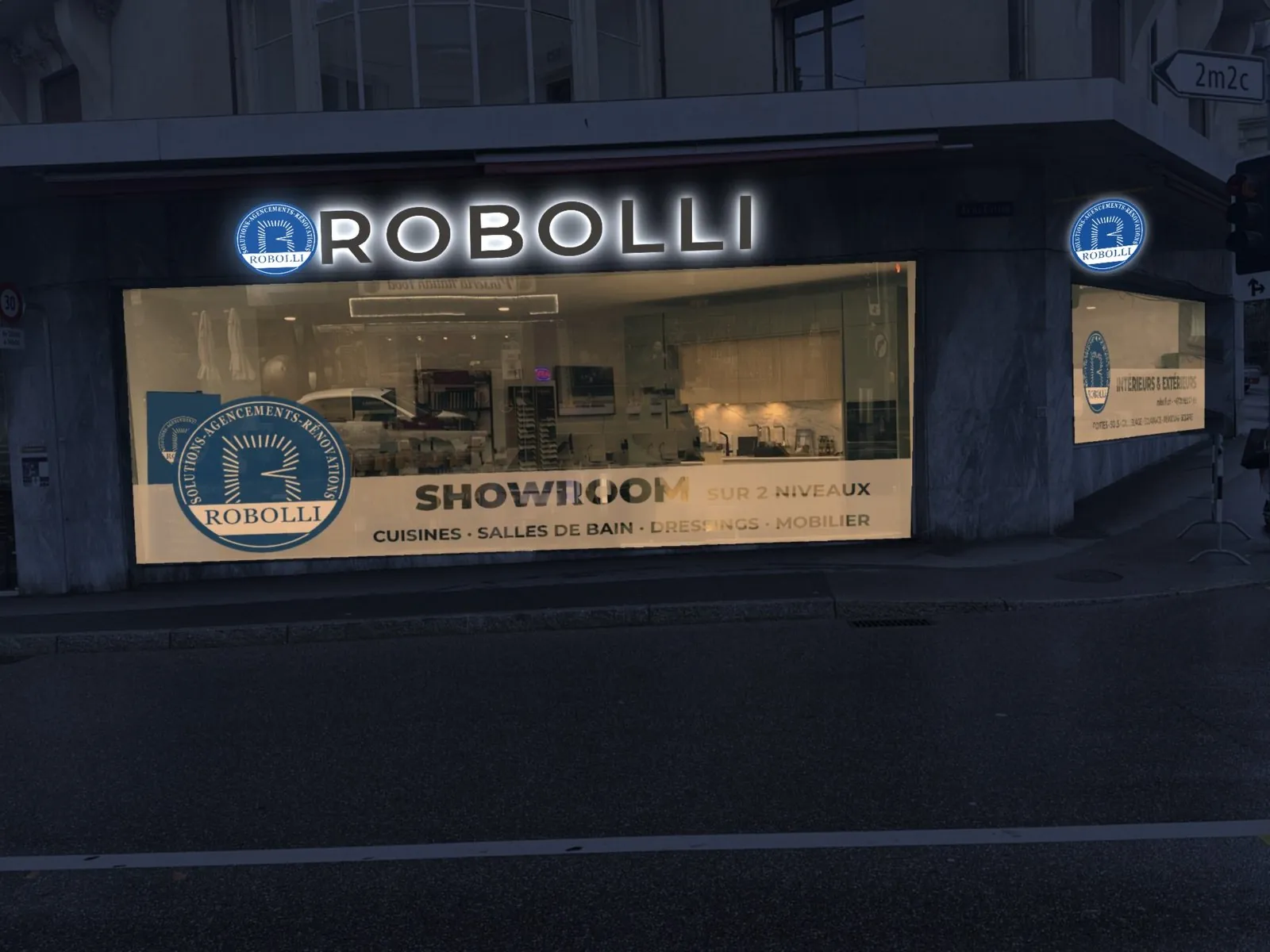 Leuchtschild Robolli, Fotomontage bei Nacht