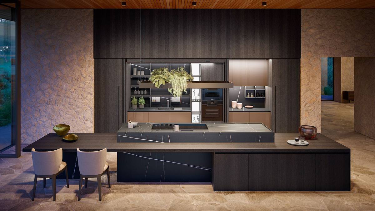 Walnut Yota kitchen open to the living room